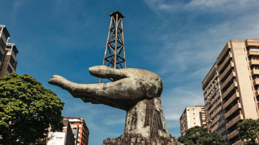 A statue of a hand holding a drilling rig near PDVSA in Caracas, Oct. 9, 2025. Photo: Adriana Loureiro Fernández/The New York Times.