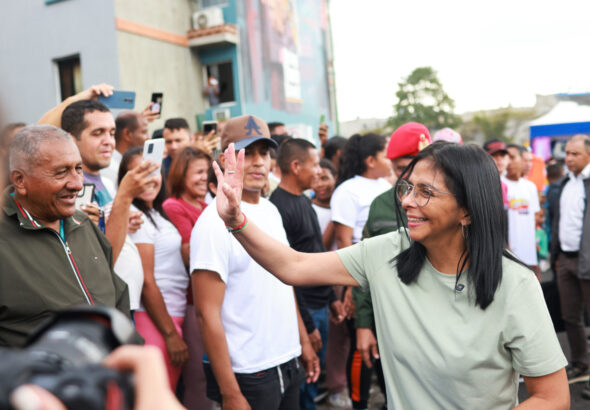 Venezuelan Acting President Delcy Rodríguez at an official event with communes in Miranda stare, February 7, 2026. Photo: Marcelo García/Radio Miraflores.