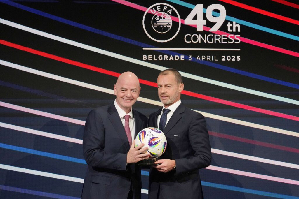 FIFA President Gianni Infantino (left) and UEFA president Aleksander Čeferin (right) pose for photos during the 49th UEFA ordinary Congress at the Sava Center in Belgrade, Serbia, April 3, 2025. Photo: Predrağ Milosavljević/Xinhua.