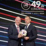 FIFA President Gianni Infantino (left) and UEFA president Aleksander Čeferin (right) pose for photos during the 49th UEFA ordinary Congress at the Sava Center in Belgrade, Serbia, April 3, 2025. Photo: Predrağ Milosavljević/Xinhua.