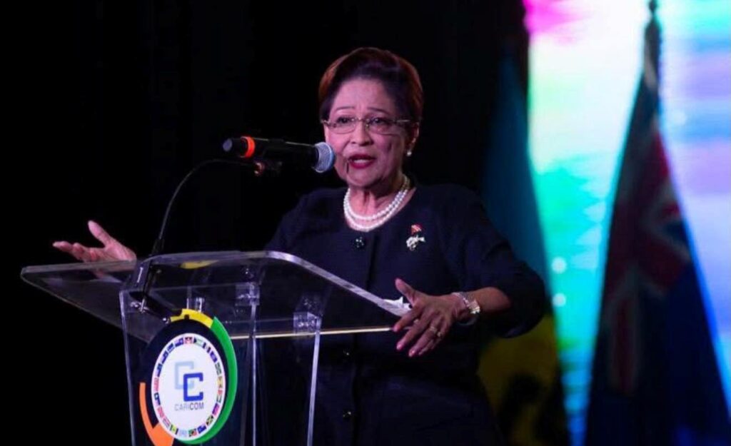 The prime minister of Trinidad and Tobago, Kamla Persad-Bissessar, during the opening ceremony of the 50th Meeting of Heads of State and Government of the Caribbean Community (CARICOM) in Basseterre, Saint Kitts and Nevis, on Tuesday, February 24, 2026. Photo: X/@PM_Kamla.