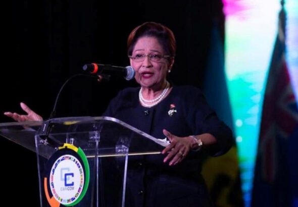 The prime minister of Trinidad and Tobago, Kamla Persad-Bissessar, during the opening ceremony of the 50th Meeting of Heads of State and Government of the Caribbean Community (CARICOM) in Basseterre, Saint Kitts and Nevis, on Tuesday, February 24, 2026. Photo: X/@PM_Kamla.