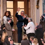 Venezuelan far-right politician Enrique Márquez is recognized as the president of the US empire, Donald Trump, delivers the first State of the Union address of his second term in Washington DC, on Tuesday, February 24, 2026. Photo: Kenny Holston/Reuters.