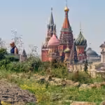 Moscow, Zaryadye Park. View to Saint Basil's Cathedral (at left) and Church of Saint Barbara (at right). File photo.