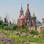 Moscow, Zaryadye Park. View to Saint Basil's Cathedral (at left) and Church of Saint Barbara (at right). File photo.