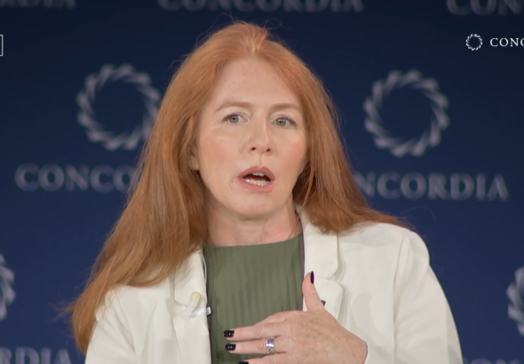 Jodie Ginsberg, CEO of the Committee to Protect Journalists (CPJ), speaking at the 2025 Concordia Annual Summit. Photo: @ConcordiaSummit/YouTube.