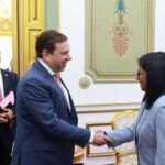 Venezuelan Acting President Delcy Rodríguez shakes hands with Adam Lowmass, regional vice president of Shell, February 26, 2026. Photo: Venezuelan Presidential Press.
