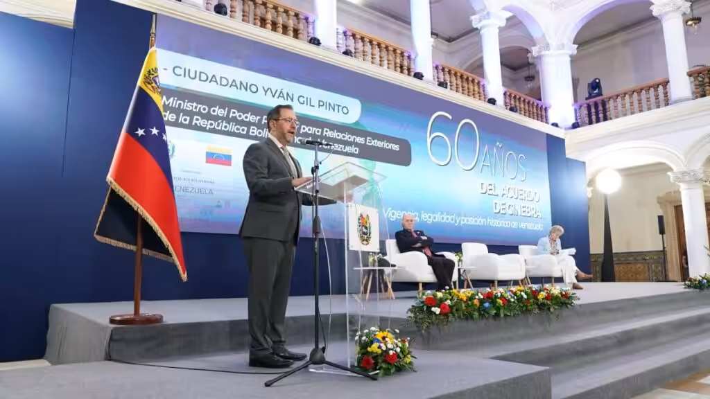 Venezuelan Foreign Minister Yván Gil speaks at the forum "60 Years of the Geneva Agreement: Validity, Legality, and Historical Position of Venezuela." Photo: Foreign Affairs Ministry of Venezuela.