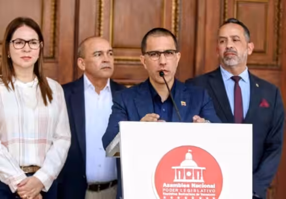 Venezuelan PSUV Deputy Jorge Arreaza gives statements to the press on Tuesday, Feb. 24, 2026. Photo: X/@Asamblea_Ven.