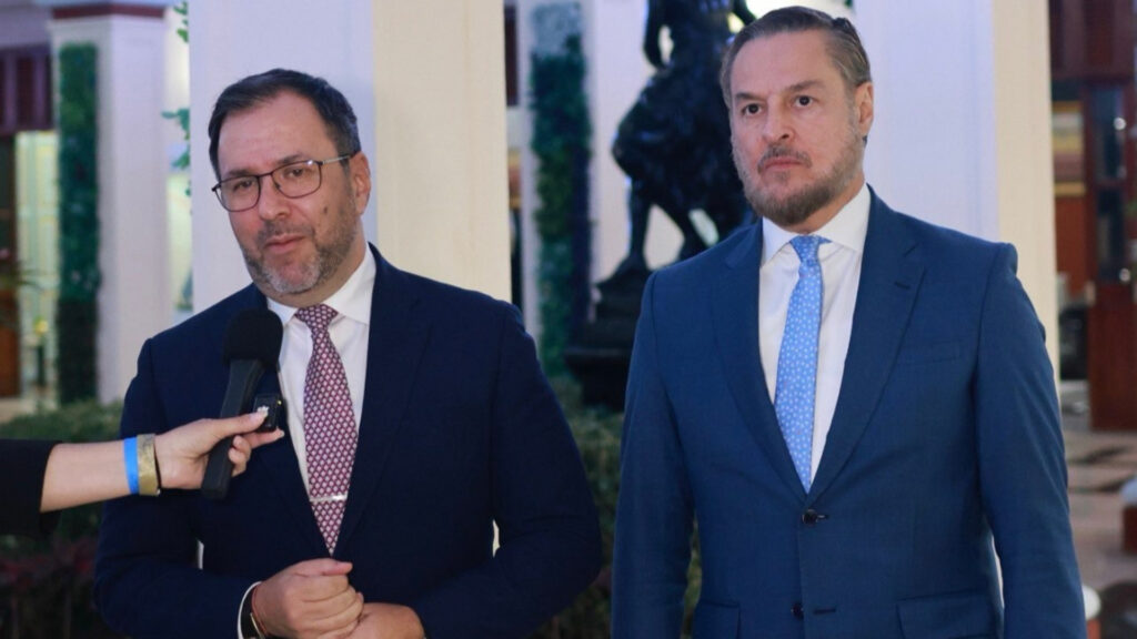 Venezuelan Foreign Minister Yvan Gil issued a statement to the press next to newly appointed ambassador to Washington, Felix Plasencia on Monday, Feb. 2, 2026. Photo: Venezolana de Television (VTV).