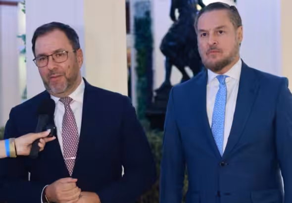 Venezuelan Foreign Minister Yvan Gil issued a statement to the press next to newly appointed ambassador to Washington, Felix Plasencia on Monday, Feb. 2, 2026. Photo: Venezolana de Television (VTV).