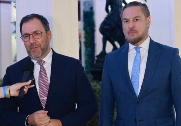 Venezuelan Foreign Minister Yvan Gil issued a statement to the press next to newly appointed ambassador to Washington, Felix Plasencia on Monday, Feb. 2, 2026. Photo: Venezolana de Television (VTV).