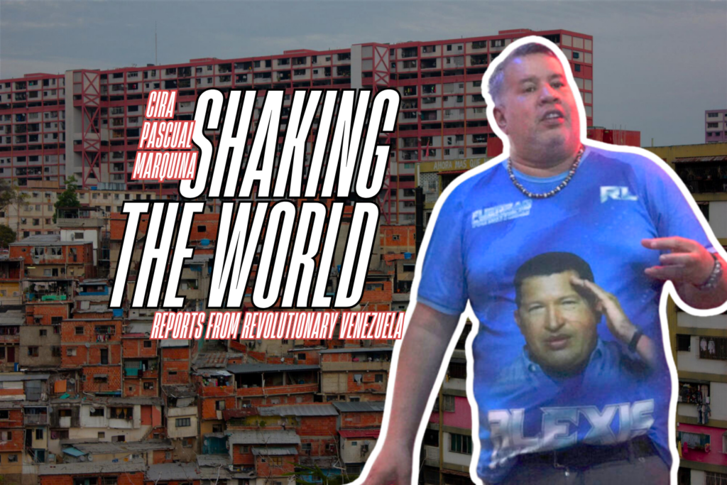 Photo composition showing Venezuelan communard Robert Longa with the 23 de Enero buildings in the background. Photo: Monthly Review Online.