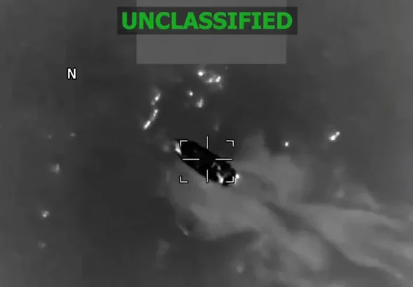 Screenshot of video footage showing a vessel moments before it was struck by the US military on February 13, 2026 in the Pacific Ocean. Photo: X/@Southcom.