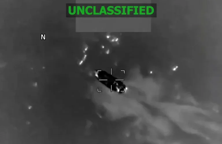 Screenshot of video footage showing a vessel moments before it was struck by the US military on February 13, 2026 in the Pacific Ocean. Photo: X/@Southcom.