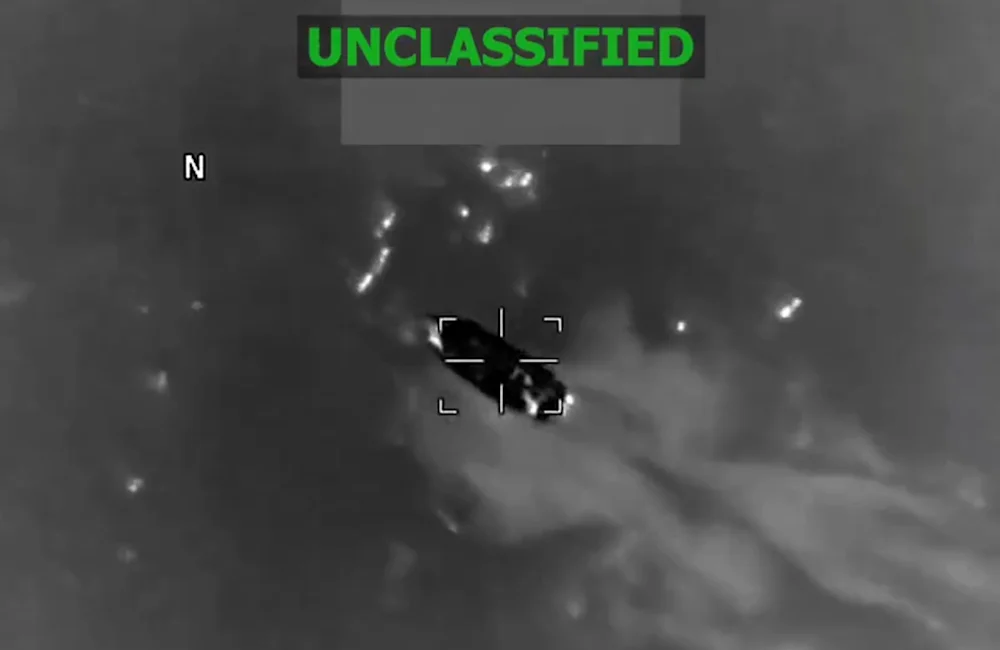 Screenshot of video footage showing a vessel moments before it was struck by the US military on February 13, 2026 in the Pacific Ocean. Photo: X/@Southcom.