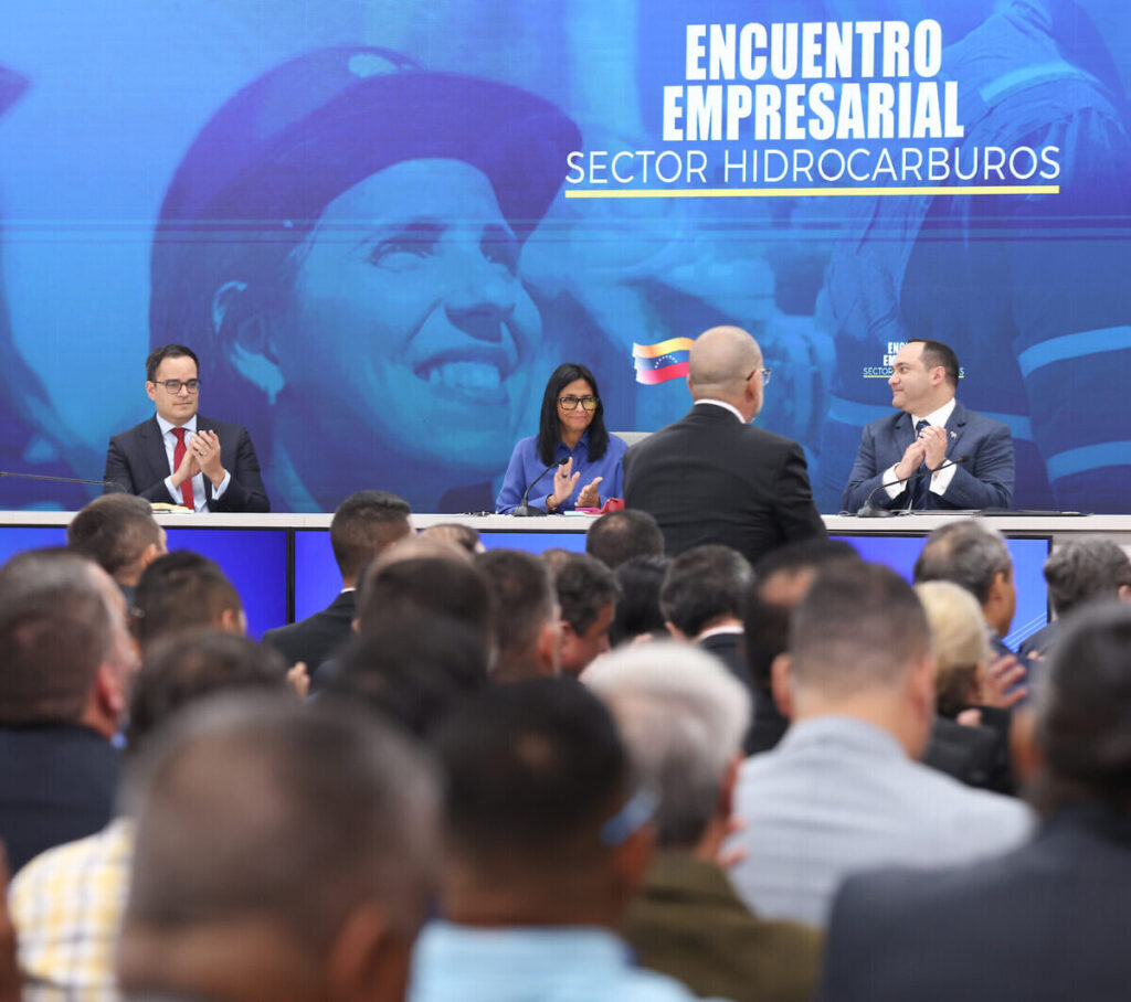 Venezuelan Acting President Delcy Rodríguez leads a business meeting with PDVSA representatives and national and international energy corporations at PDVSA headquarters in Caracas, February 27, 2026. Photo: Presidential Press.