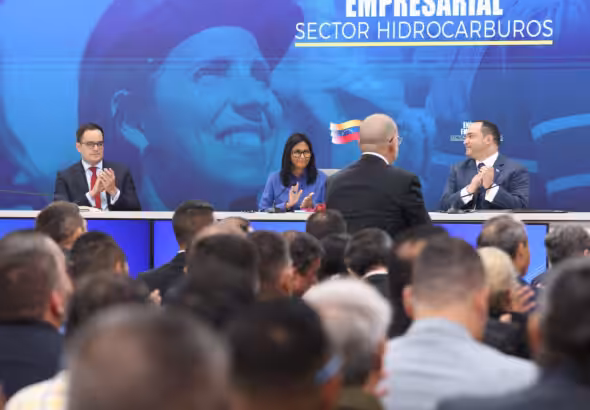 Venezuelan Acting President Delcy Rodríguez leads a business meeting with PDVSA representatives and national and international energy corporations at PDVSA headquarters in Caracas, February 27, 2026. Photo: Presidential Press.