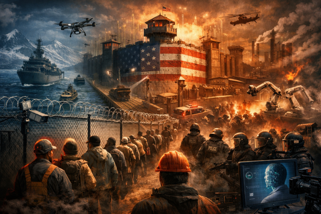 AI depiction of the US working class and the surveillance imposed onto them by the police state. Photo: Weaponized Information.