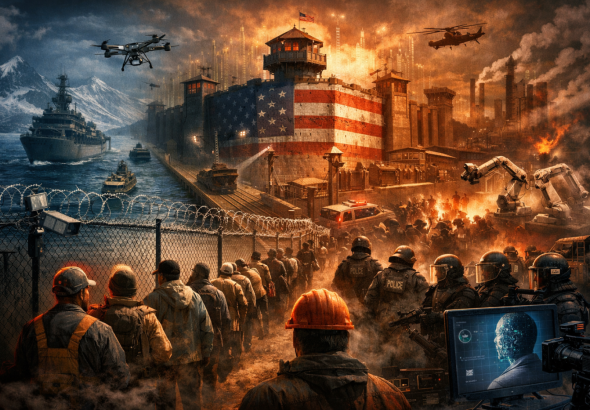 AI depiction of the US working class and the surveillance imposed onto them by the police state. Photo: Weaponized Information.