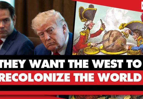 U.S. Secretary of State Marco Rubio and President Donald Trump alongside James Gillray’s 1805 cartoon, ‘The Plumb-pudding in danger.’ The historical caricature, depicting empires carving up the world, is used here to critique Rubio's 2026 Munich Security Conference speech on Western renewal. Photo: Geopolitical Economy Report.
