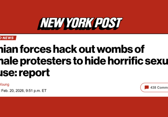 "News headline" from the New York Post reports on allegations that Iranian forces are performing severe medical procedures on female protesters to conceal evidence of sexual abuse. Photo: Caitlin Johnstone.