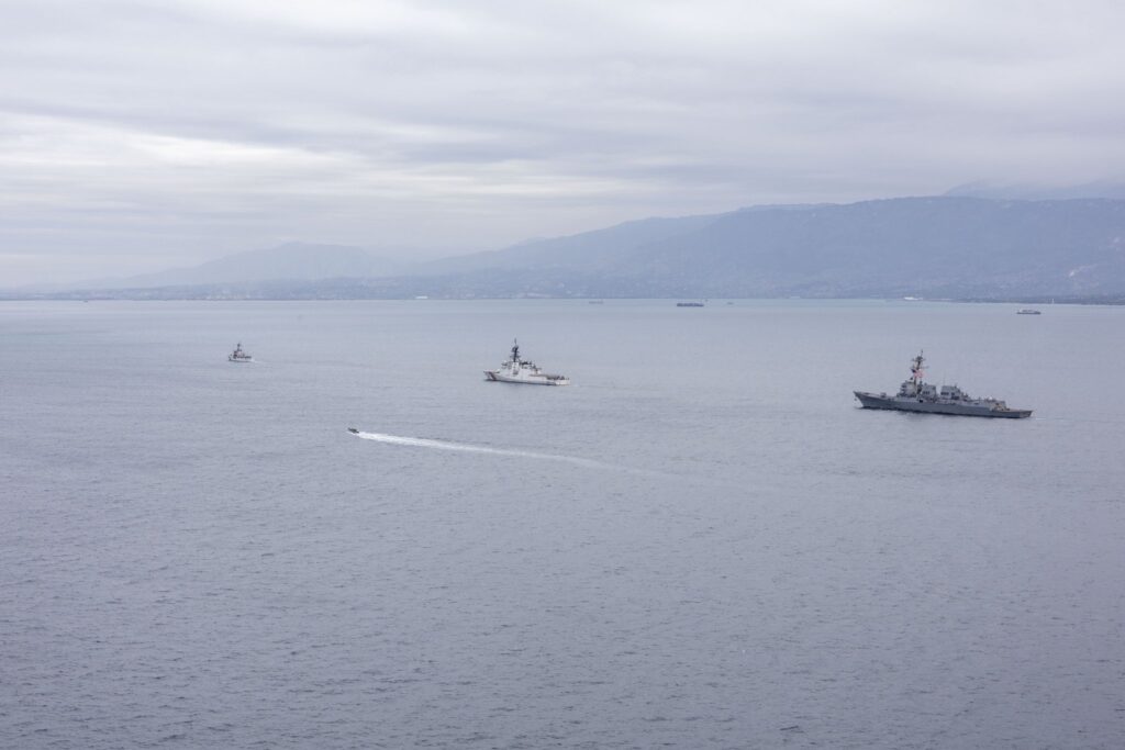 A photo of the USS Stockdale, USCGC Stone, and USCGC Diligence posted to social media by US Southern Command announcing their arrival in the Bay of Port-au-Prince, Haiti. Photo: X/@Southcom.
