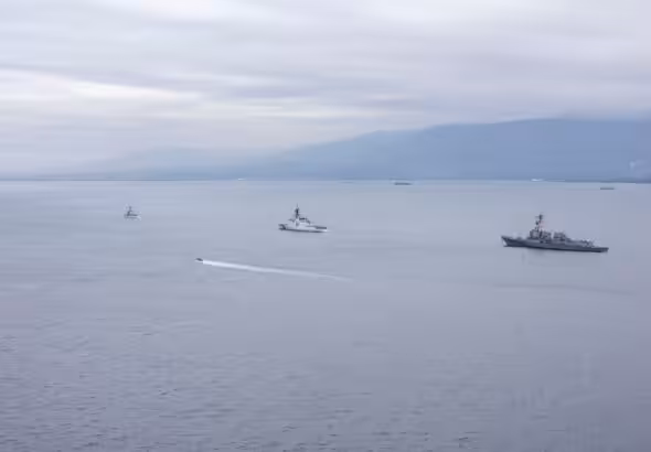 A photo of the USS Stockdale, USCGC Stone, and USCGC Diligence posted to social media by US Southern Command announcing their arrival in the Bay of Port-au-Prince, Haiti. Photo: X/@Southcom.
