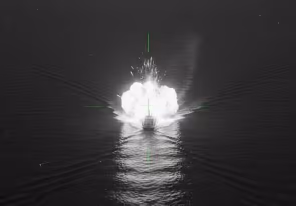 Digital illustration of a speedboat being targeted by the US in a "kinetic strike" on the high seas. This image was generated using artificial intelligence (AI) to represent military infrared surveillance footage released by US Southern Command following its Febuary 20, 2026, extrajudicial killing. Photo: Orinoco Tribune via Google AI.