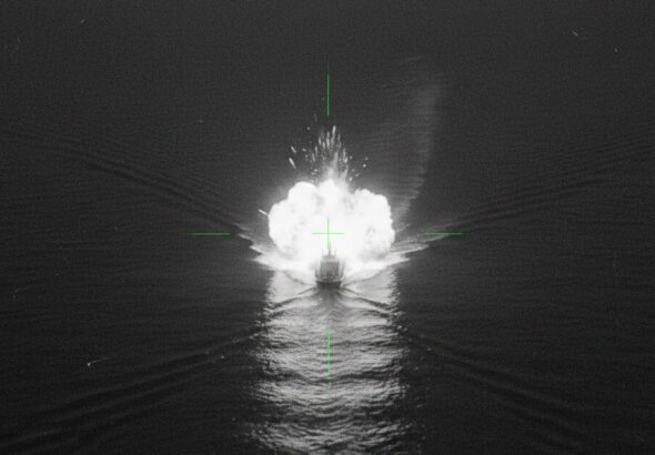 Digital illustration of a speedboat being targeted by the US in a "kinetic strike" on the high seas. This image was generated using artificial intelligence (AI) to represent military infrared surveillance footage released by US Southern Command following its Febuary 20, 2026, extrajudicial killing. Photo: Orinoco Tribune via Google AI.
