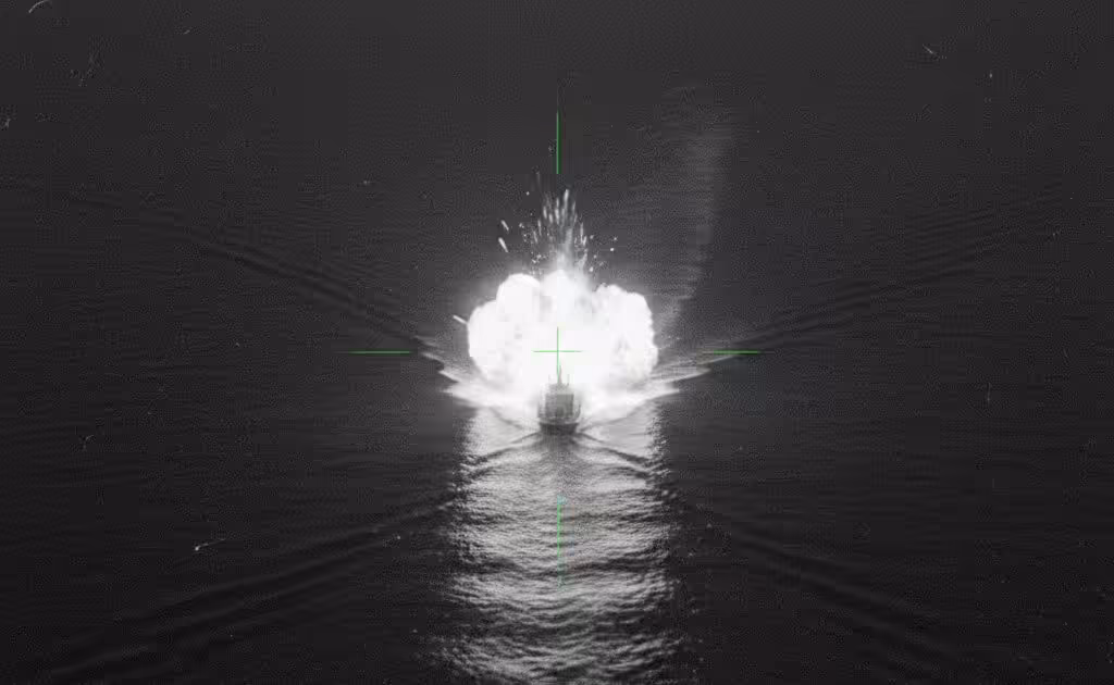 Digital illustration of a speedboat being targeted by the US in a "kinetic strike" on the high seas. This image was generated using artificial intelligence (AI) to represent military infrared surveillance footage released by US Southern Command following its Febuary 20, 2026, extrajudicial killing. Photo: Orinoco Tribune via Google AI.