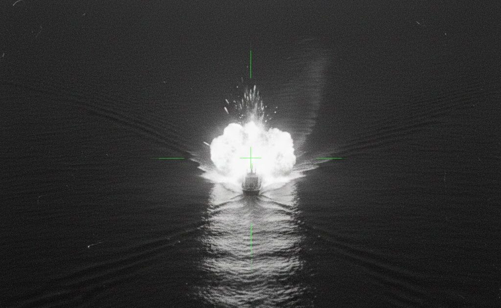 Digital illustration of a speedboat being targeted by the US in a "kinetic strike" on the high seas. This image was generated using artificial intelligence (AI) to represent military infrared surveillance footage released by US Southern Command following its Febuary 20, 2026, extrajudicial killing. Photo: Orinoco Tribune via Google AI.