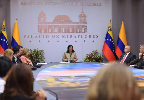 Venezuelan Acting President Delcy Rodríguez presides over a meeting with high-level Colombian officials at Miraflores Palace, Caracas, March 13, 2025. Photo: Presidential Press.