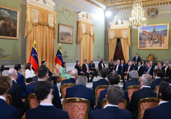 Acting President Delcy Rodríguez speaks with a delegation of national and international investors on March 24, 2026. Photo: Venezuela's Presidential Press.