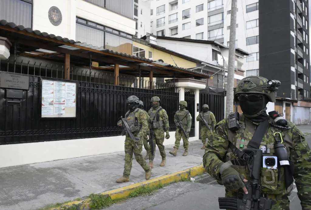 Ecuadorian soldiers patrol in front of the Cuban embassy in Quito on March 4, 2026. Photo: Rodrigo Buendia/AFP/Getty Images.