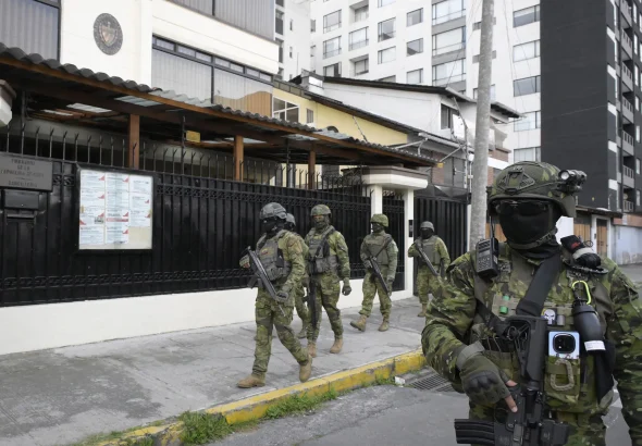 Ecuadorian soldiers patrol in front of the Cuban embassy in Quito on March 4, 2026. Photo: Rodrigo Buendia/AFP/Getty Images.