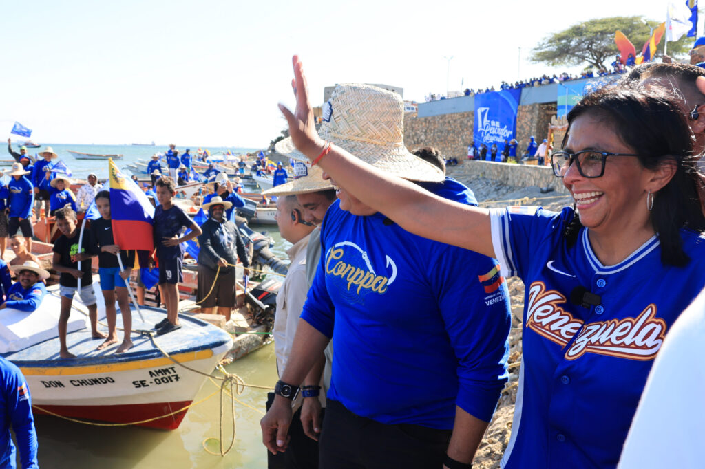 Venezuelan Acting President Delcy Rodriguez during a working activity with people working in the fishing industry in Carirubana, Falcon state, on Saturday, March 14, 2026. Photo: Venezuelan Presidential Press.
