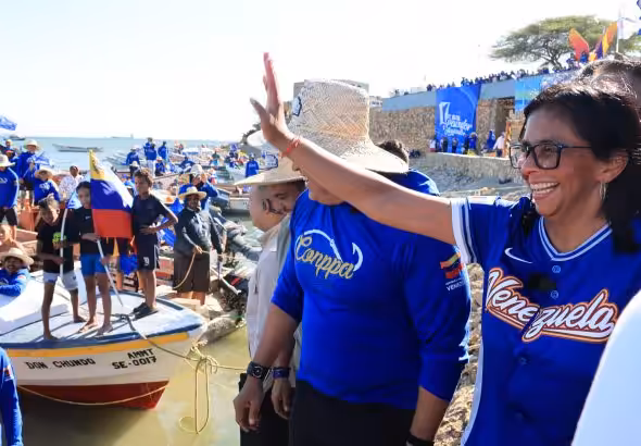 Venezuelan Acting President Delcy Rodriguez during a working activity with people working in the fishing industry in Carirubana, Falcon state, on Saturday, March 14, 2026. Photo: Venezuelan Presidential Press.
