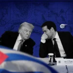 Donald Trump (left), Marco Rubio (right) behind a flag of Cuba. Photo: Zeinab el-Hajj/Al Mayadeen.