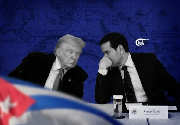 Donald Trump (left), Marco Rubio (right) behind a flag of Cuba. Photo: Zeinab el-Hajj/Al Mayadeen.
