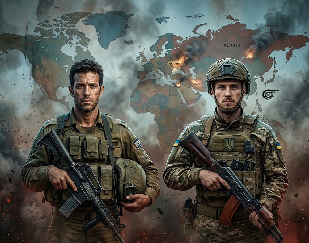 Depiction of how Ukraine, like "Israel" before it, has been transformed into an outpost of Western imperialism. Photo: Zeinab al-Hajj/Al Mayadeen English.