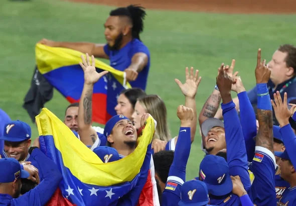 Venezuela's national baseball team celebrates its victory against the US empire's team, winning the championship of the World Baseball Classic in Miami, Florida, on March 17, 2026. Photo: Megan Briggs/Getty Images.