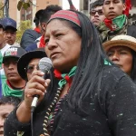 Aída Quilcué speaking at a protest in Bogotá, Colombia. Photo: EFE/Mauricio Dueñas Castañeda.