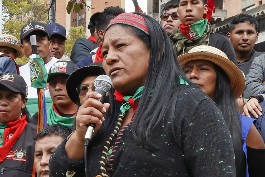 Aída Quilcué speaking at a protest in Bogotá, Colombia. Photo: EFE/Mauricio Dueñas Castañeda.