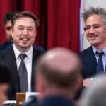 Elon Musk, CEO of X, the company formerly known as Twitter (left), and Alex Karp, CEO of the software firm Palantir Technologies. Photo: J. Scott Applewhite/AP photo