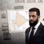 Syria's Al-Qaeda ruler, Ahmed Al-Shaara, with a map of "Greater Israel" in the background. Illustration: Batoul Chamas/Al-Mayadeen English.