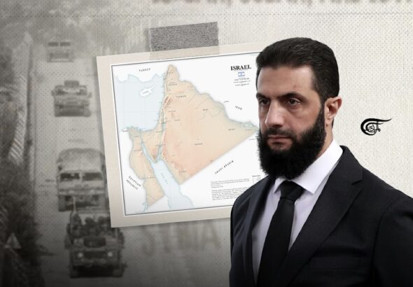 Syria's Al-Qaeda ruler, Ahmed Al-Shaara, with a map of "Greater Israel" in the background. Illustration: Batoul Chamas/Al-Mayadeen English.