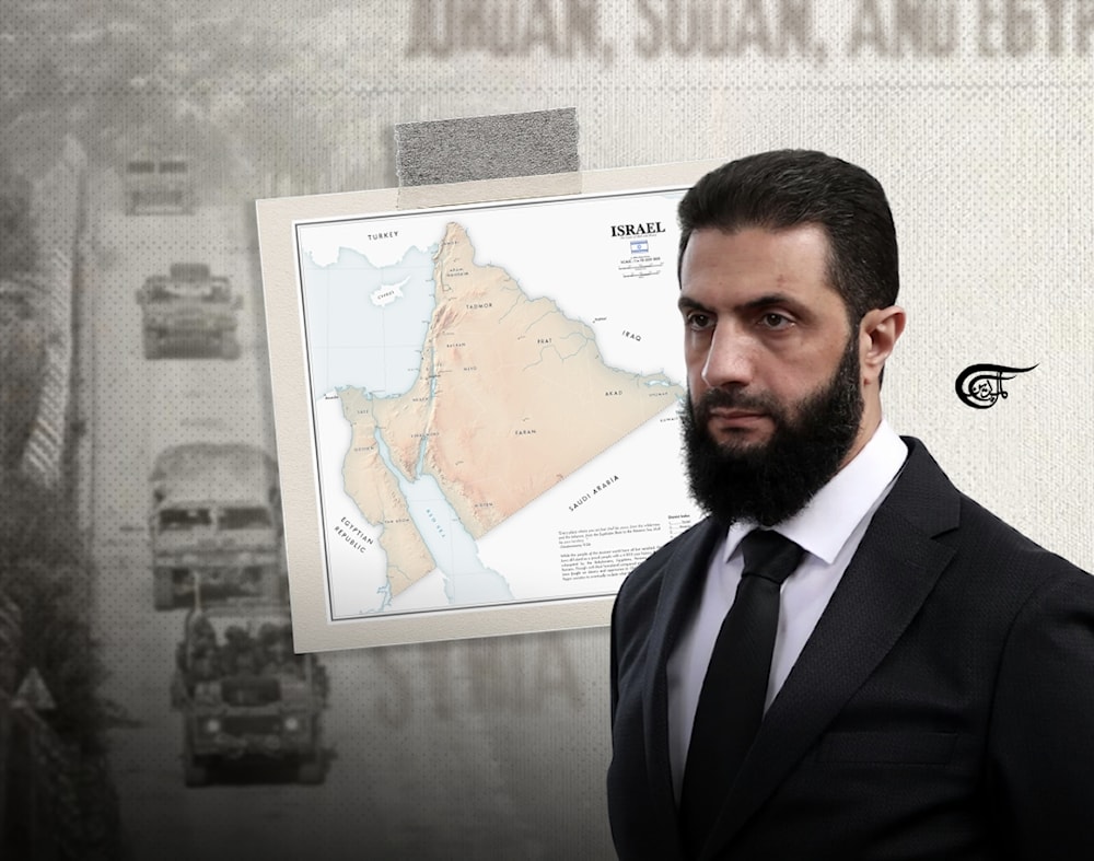Syria's Al-Qaeda ruler, Ahmed Al-Shaara, with a map of "Greater Israel" in the background. Illustration: Batoul Chamas/Al-Mayadeen English.