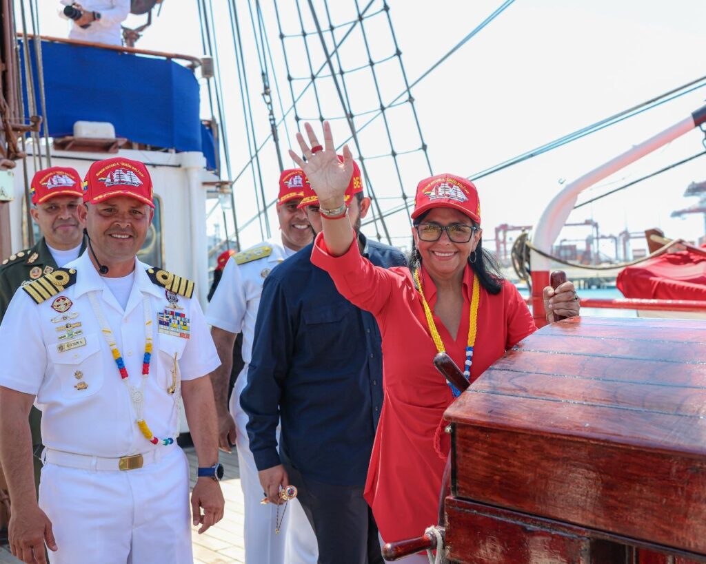 The acting president of Venezuela, Delcy Rodríguez, on board the training sailing ship Simón Bolívar at La Guaira port, March 21, 2026. Photo: Presidential Press.