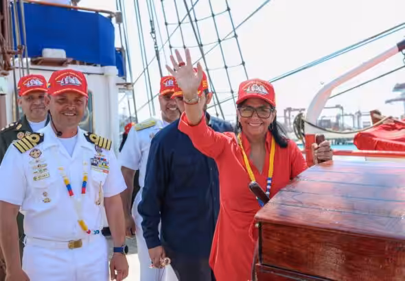 The acting president of Venezuela, Delcy Rodríguez, on board the training sailing ship Simón Bolívar at La Guaira port, March 21, 2026. Photo: Presidential Press.